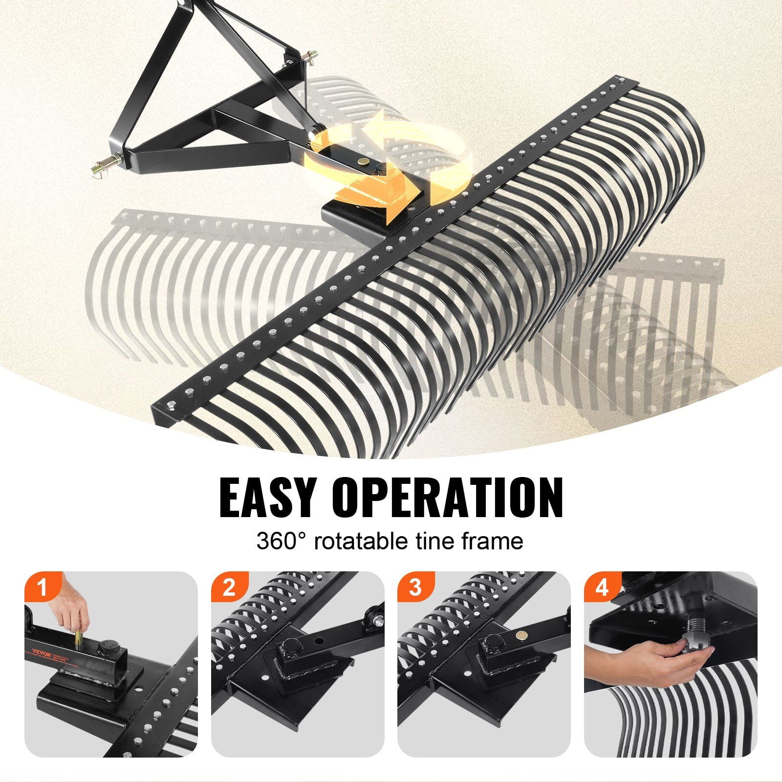 Wide 72-inch Tow Behind Dethatcher Rake, 3-Point Hitch Tractor Attachment with 36 Steel Tines for Grass & Soil