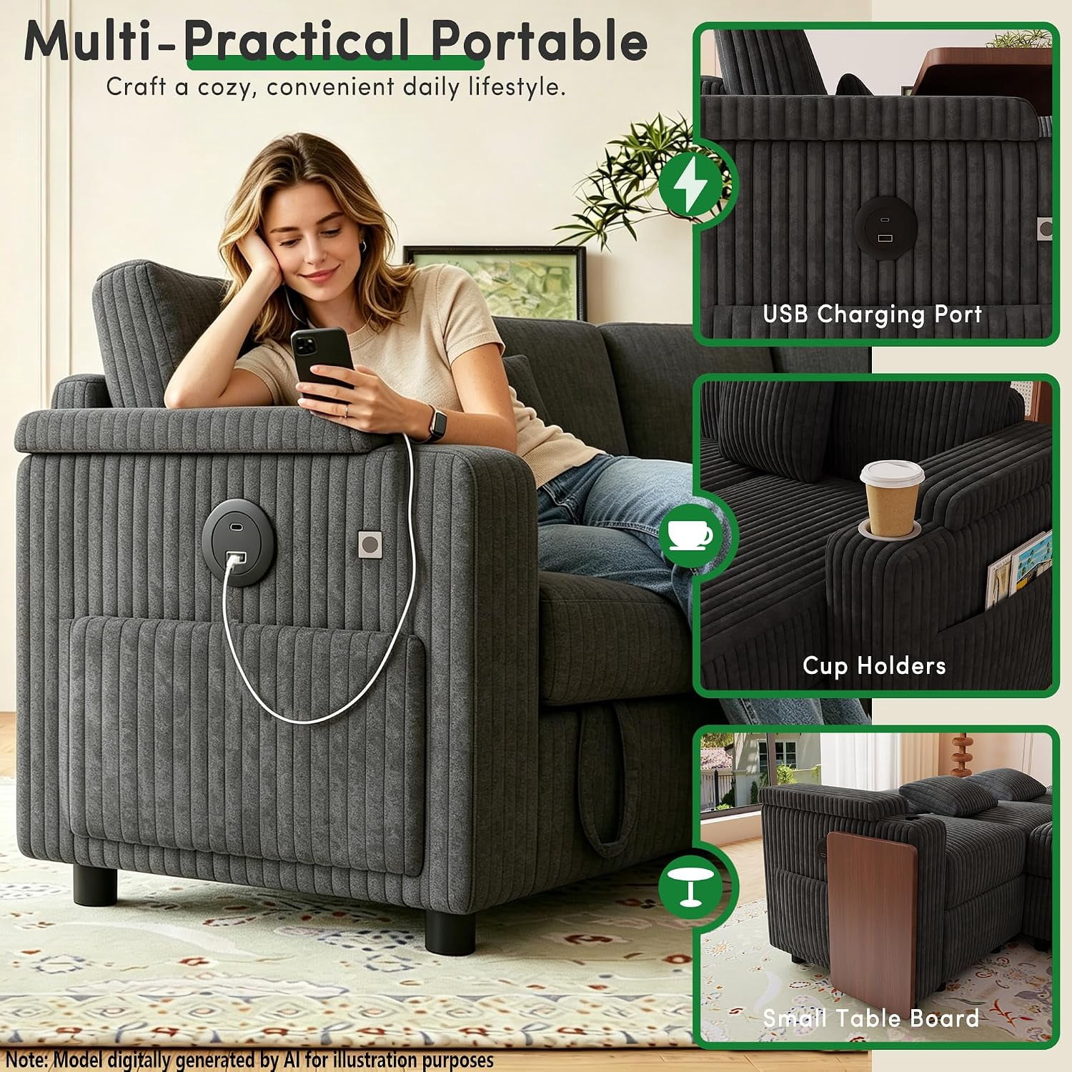 ShiKeyi 100'' Pull-out Sofa With USB ports, Table Board and Cup Holder, Comfortable Soft Cushioned Corduroy Fabric Sofa Bed, Extra-large U-shaped Combination Storage sofa bed, Dark Gray