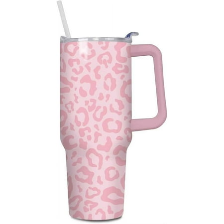 

40oz Pink Leopard Tumbler - Stainless Steel Travel Mug with Handle & Straw - Girly Gift for Women