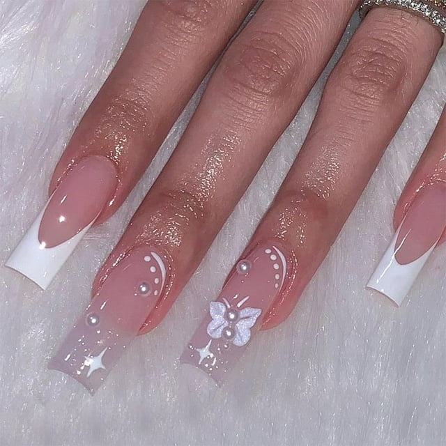HLONK 24Pcs Gel Press on Nails Gel French Long Fake Nails Press on Tips With Glue Rhinstone with Butterfly NO.13