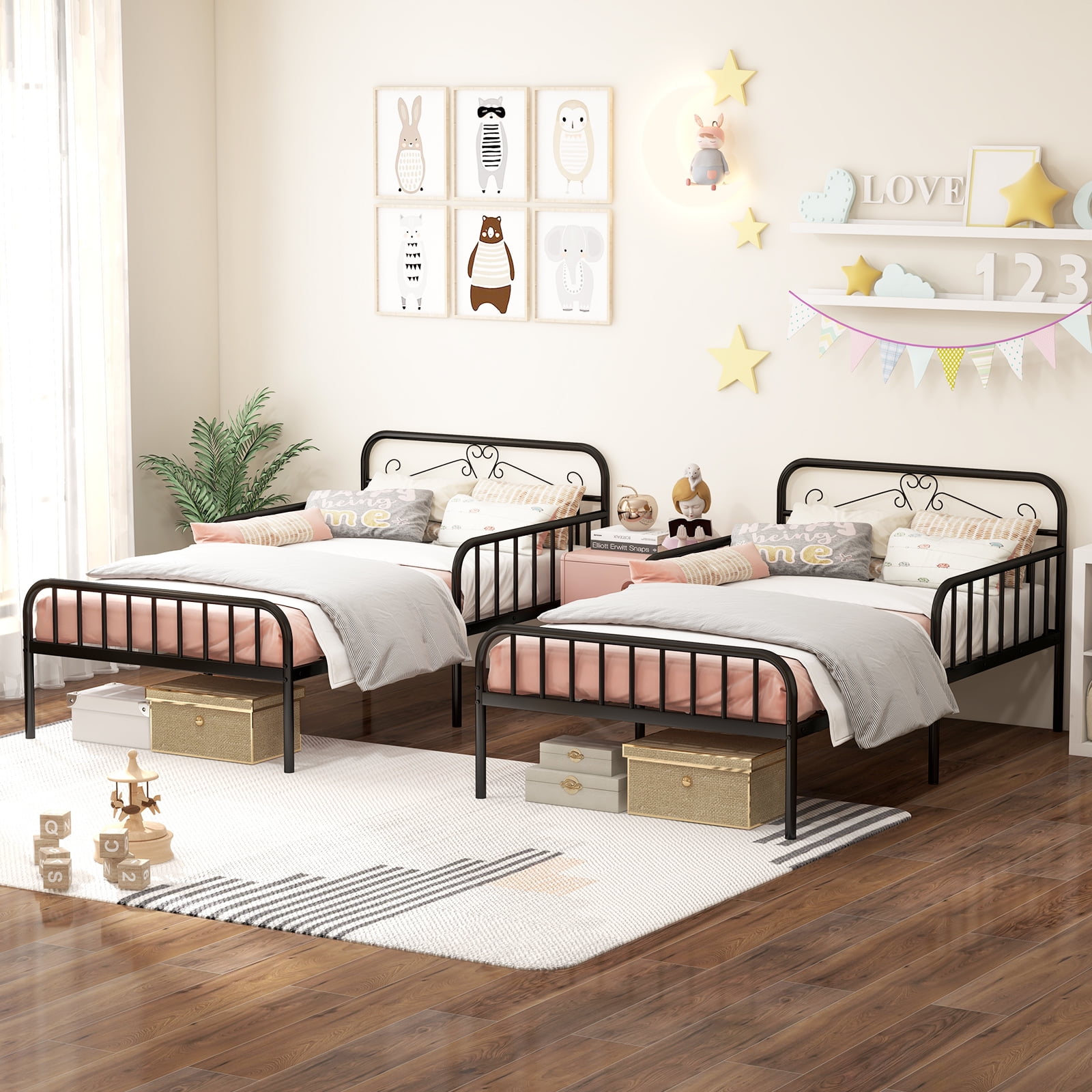 Infans Twin Size Metal Bed Frame Modern Platform Bed with Safety Guardrails Headboard