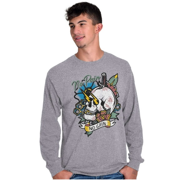 No Pain No Gain Skull Dagger Tattoo Plus Size Long Sleeve Graphic Tee Shirt Brisco Brands 3X