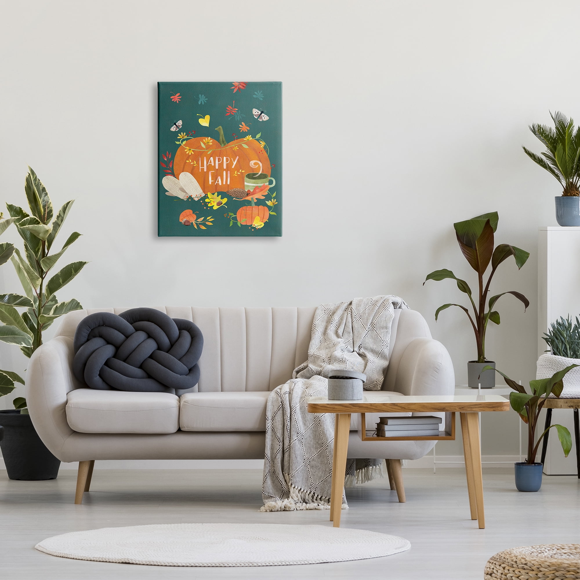 Stupell Industries Happy Fall Greeting Plump Orange Pumpkin Festive Moths, 24 x 30, Designed by Laura Watson