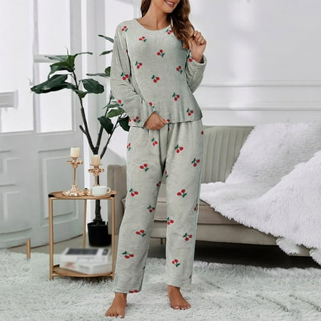 

Womens Pajamas Casual Coral Long Sleeve Tops And Long Pants Cherry Printing Two Piece Womens Sleepwear Set Cotton
