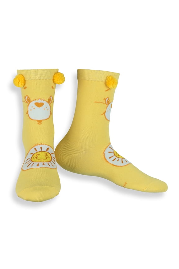 Care Bears Socks Women's Funshine Bear Pom-Pom Mid Calf Crew Socks 1 Pair, Size 9-11