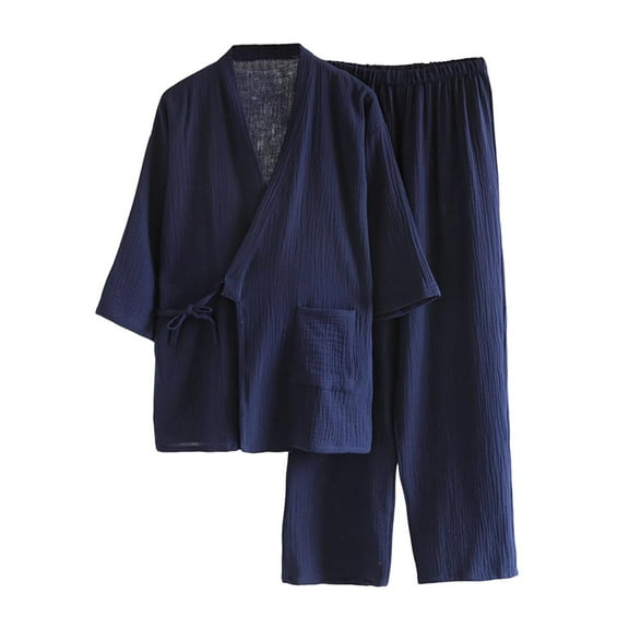 mihongmao 2 Pieces Sets Pajama Japanese Style Two-Piece Suit Cotton Bathrobe Loungwear Kimono Bathrobes Sleepwear Suit Set Sleepwear Pajama Casual Short Sleeve Pants Set Sleepwear Navy XL