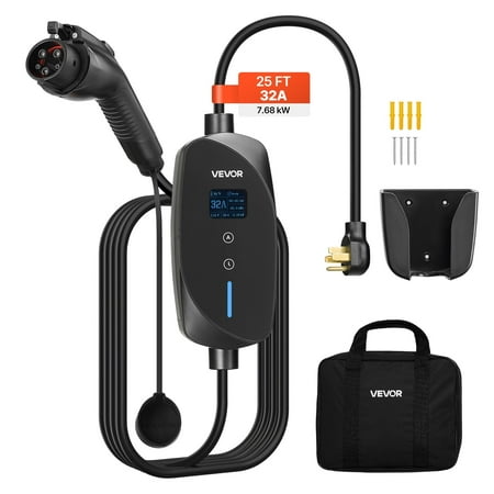 VEVOR Level 2 EV Charger,32 Amp Adjustable Current,240V Electric Vehicle Portable Charger with 25 ft Charging Cable,NEMA 14-50P Plug,LCD Display, Plug-in Home Car Charging Station for SAE J1772 EV