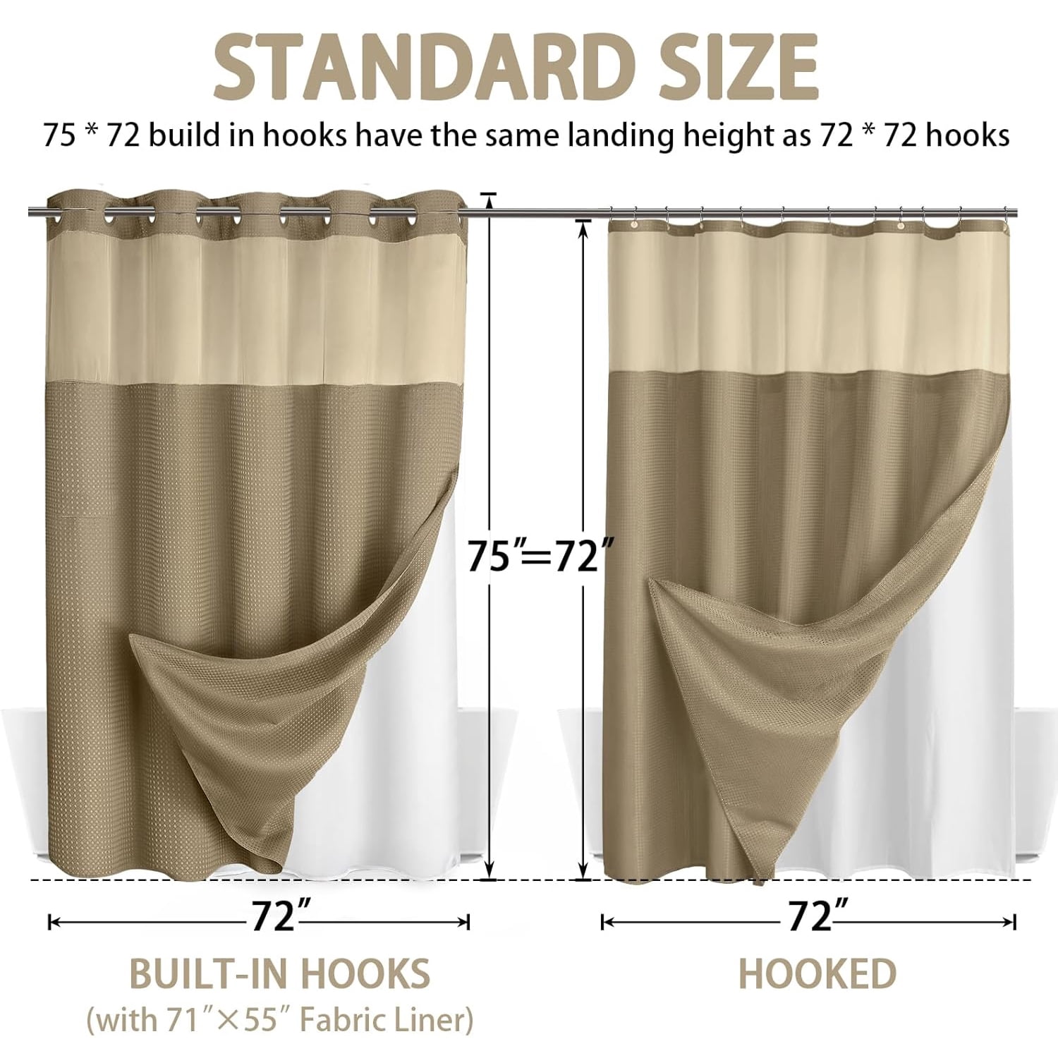 DawnJoanHD Waffle Weave No Hook Shower Curtain with Snap-in Liner, Beige Polyester Fabric with See-Through Top Window, 72" x 75"