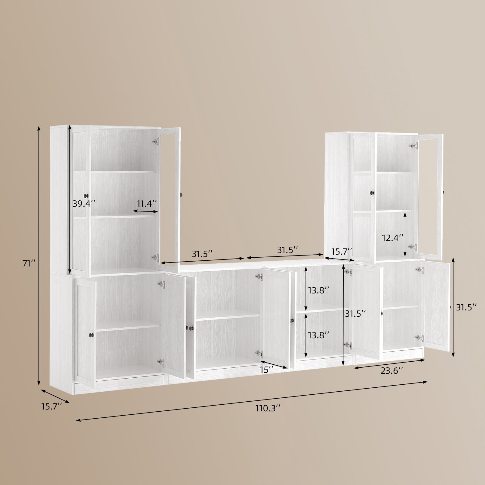 RichYa 4Pcs Kitchen Pantry Storage Cabinet,Modular Furniture Cabinets with Display Glass Doors,Hutch Buffet Cabinet with Shelves for Dining Room,White