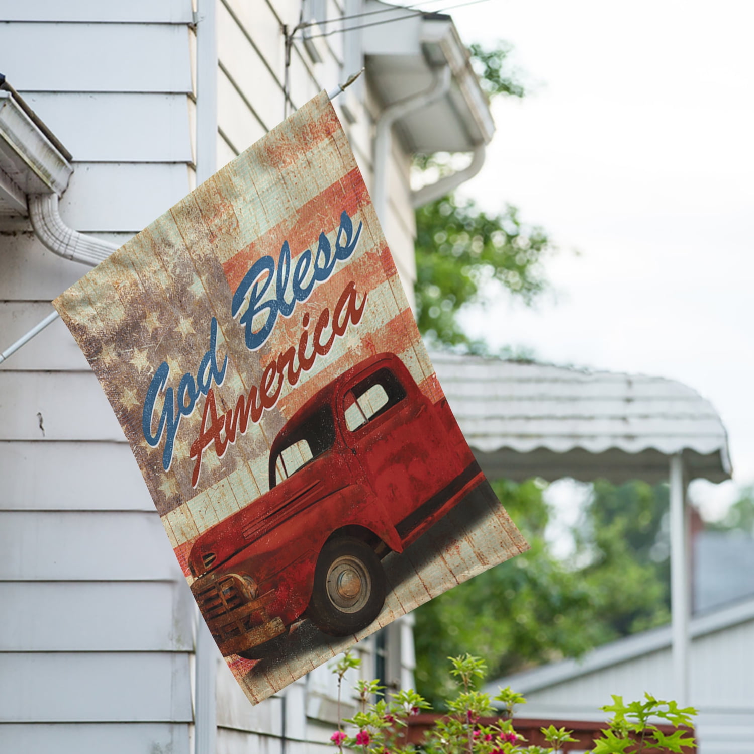 America Forever God Bless America Red Truck House Flag, 28 x 40 inch Double Sided, Patriotic Banner, Pickup Wooden USA Painted Vintage Outdoor Decor, Country Yard Flag