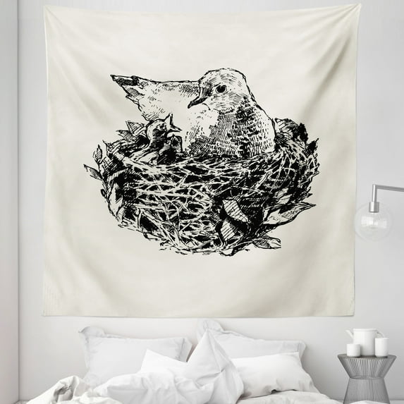 Birds Nest Tapestry, Vintage Sketch Hand Drawn Animal Nature Nostalgia Twigs Home Print, Fabric Wall Hanging Decor for Bedroom Living Room Dorm, 5 Sizes, Eggshell and Dimgray, by Ambesonne