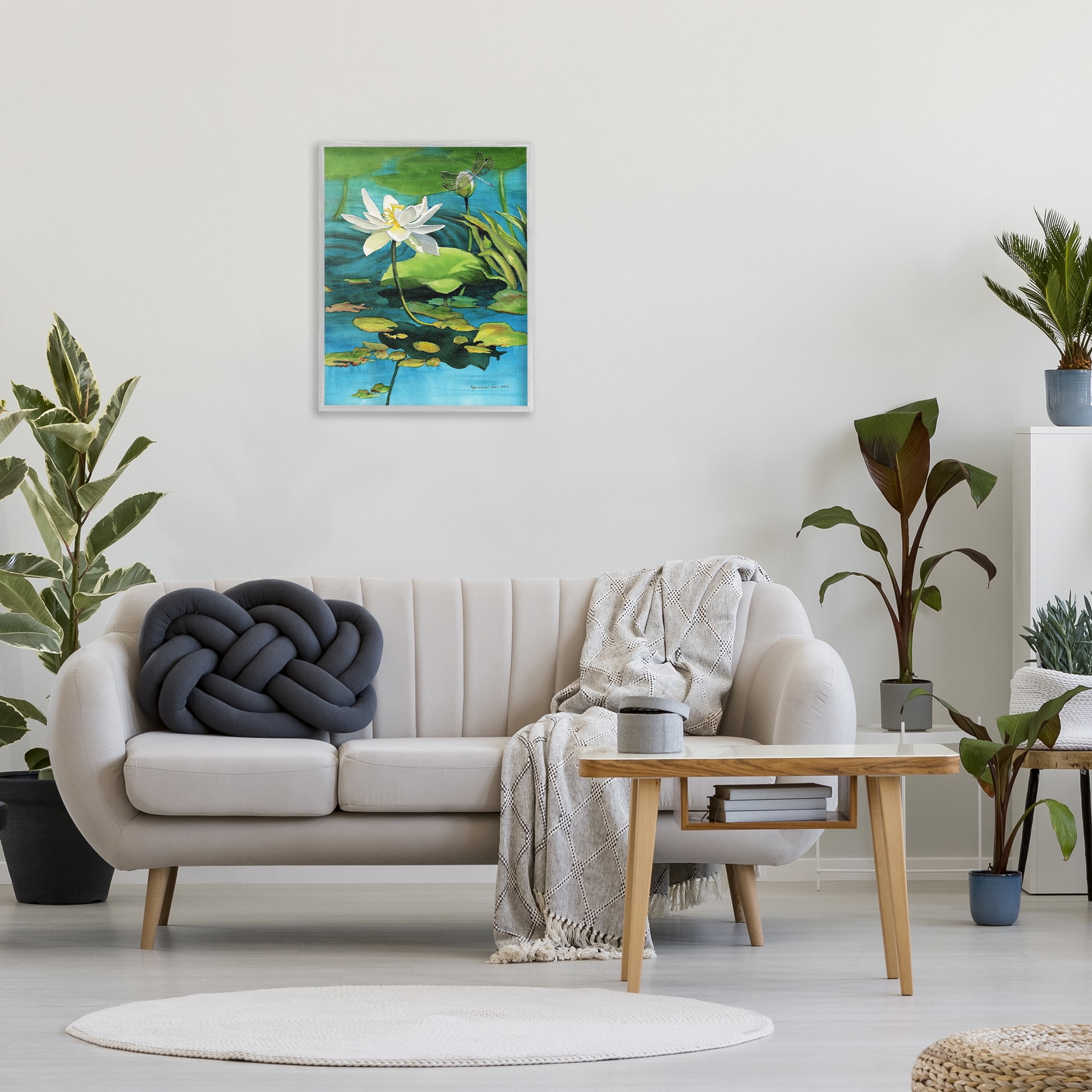 Stupell Industries Pond Lotus & Dragonfly Botanical & Floral Painting Gray Framed Art Print Wall Art, 24 x 30