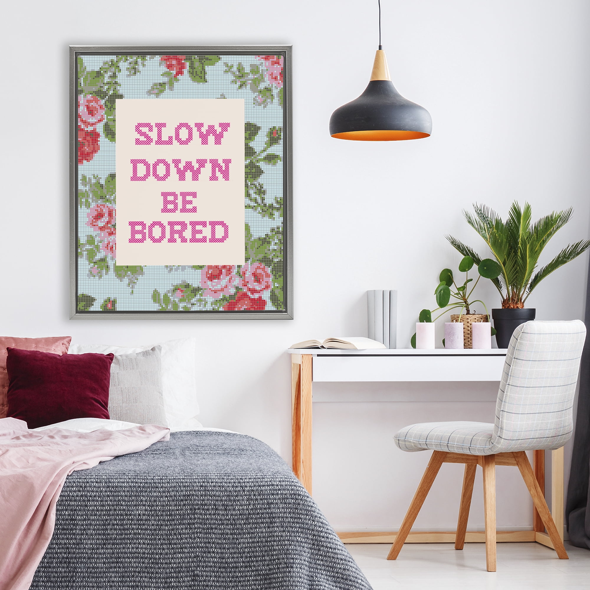 Stupell Industries Slow Down Be Bored Faux Cross Stitch Gray Framed Floater Canvas Wall Art, design by Lil' Rue