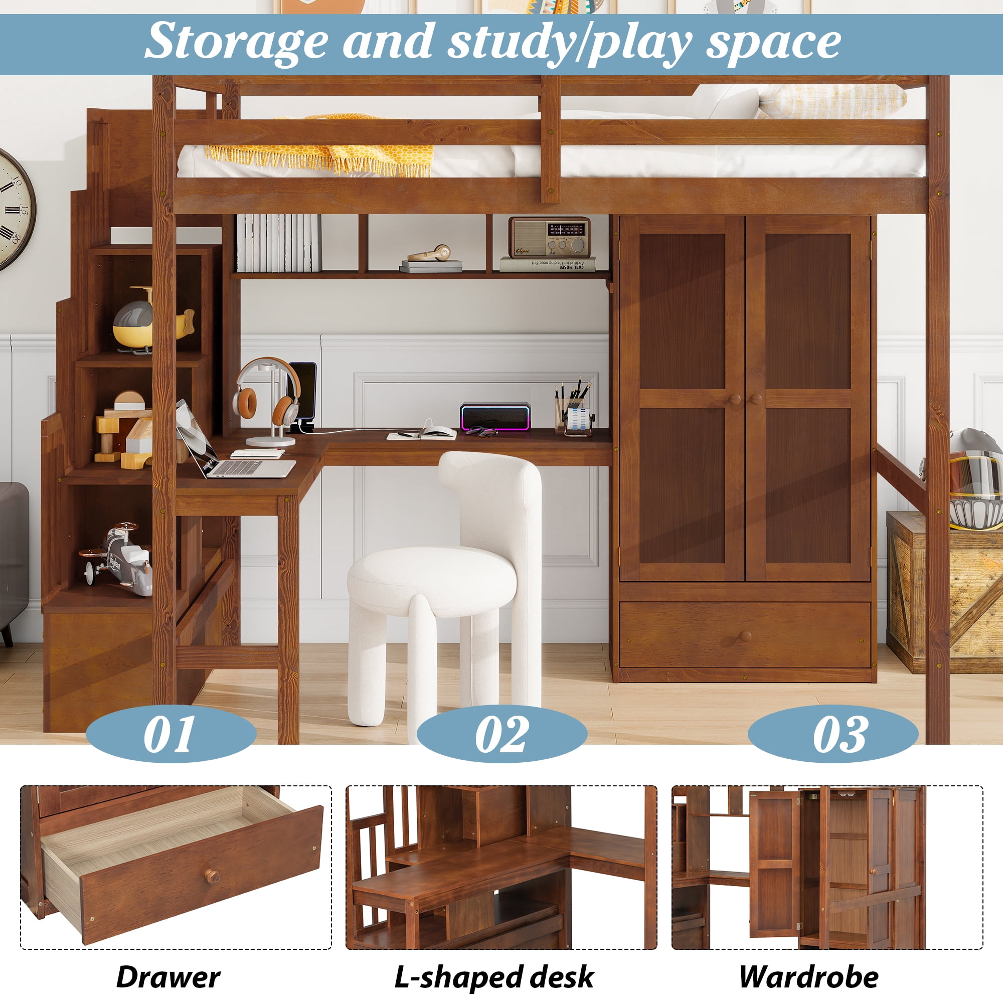 Mintazer Full Size Loft Bed with L-Shaped Desk & Wardrobe, Loft Bed with Storage Staircase & Charging Station, Walnut