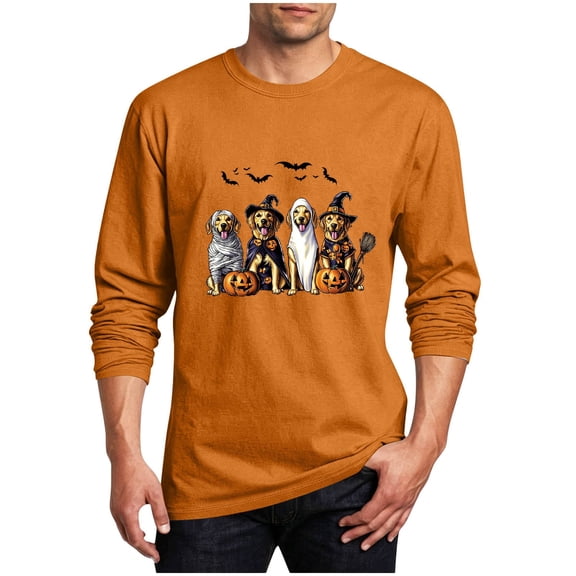 Halloween Tops for Men Crew Neck Ghost Printed Long Sleeve Trendy Loose Festival Pullover Top Orange XXL