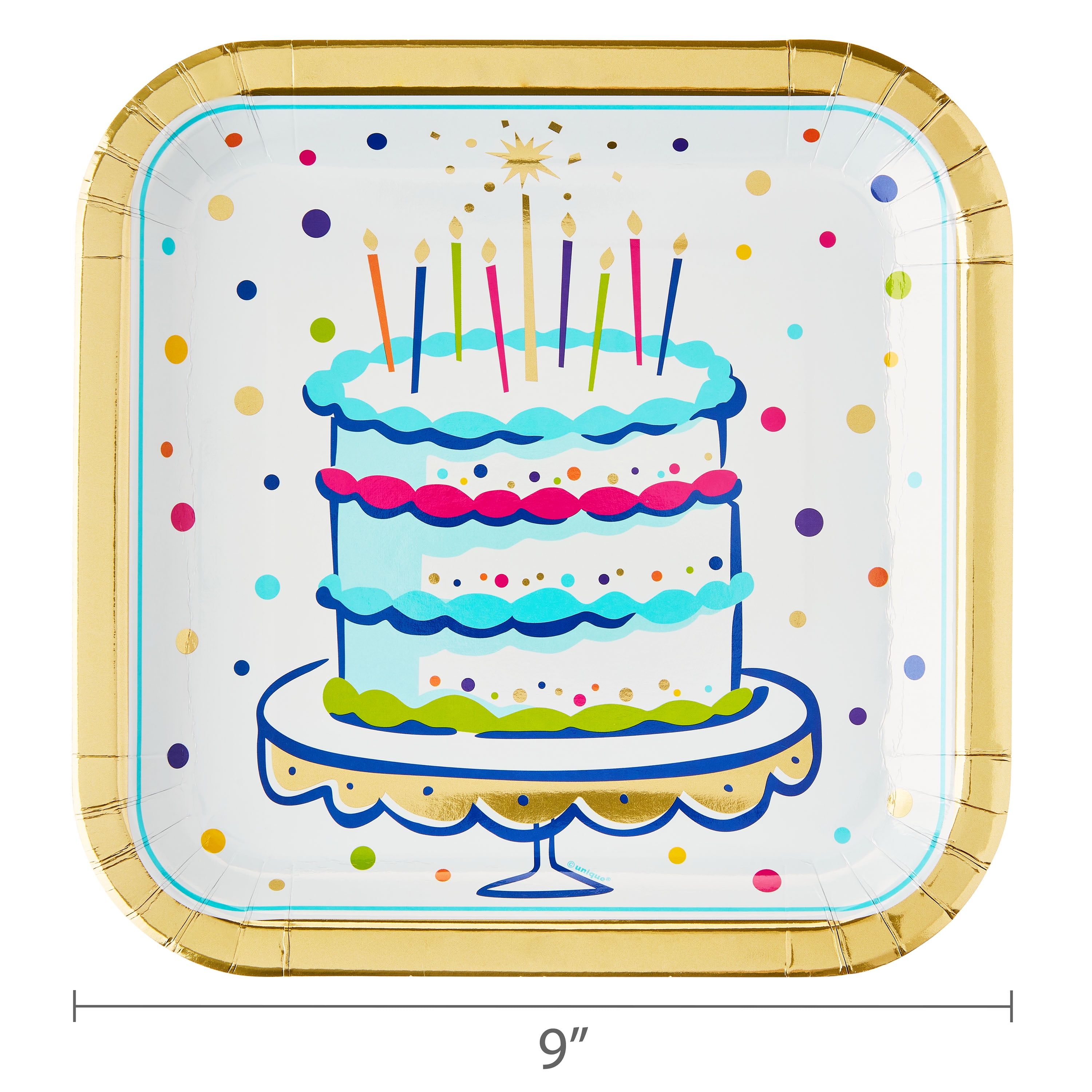 Cake Time Square Disposable Paper Plates, 9.25\", Multicolor, 8 Count, by Way To Celebrate