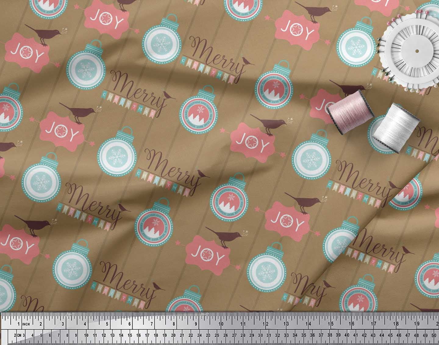 Soimoi Brown Cotton Voile Fabric Bird,Stripe & Baubles Christmas Print Sewing Fabric Yard 42 Inch Wide