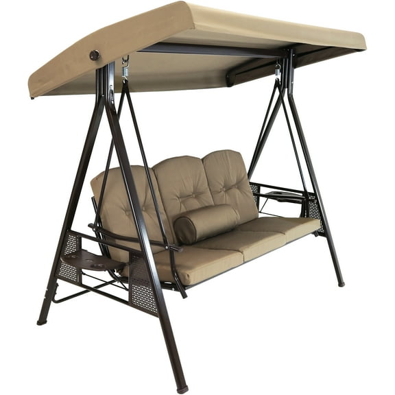 Sunnydaze Steel 3-Person Patio Swing with Adjustable Tilt Canopy and Cushions, Beige