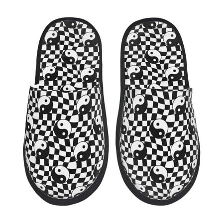 Balery Ying Yang Checkered Slient Indoor Furry Fleece Comfort House Shoes Soft Non-Slip Home Shoes Cotton slippers House Slippers-- Large