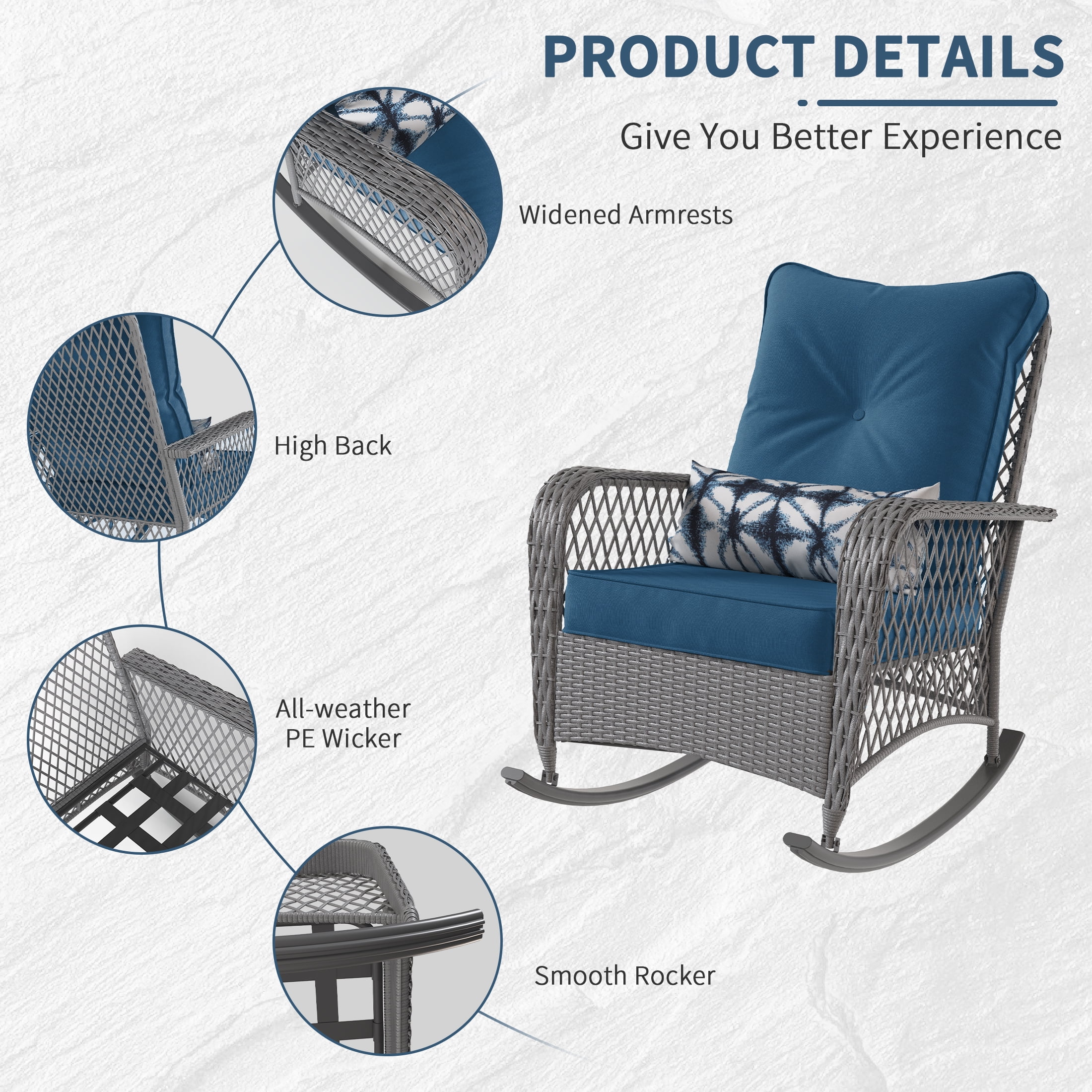 Poteban 3-Piece Outdoor Rocking Chairs, Wicker Patio Furniture with Thickened Cushions and Table for Porch (Blue)