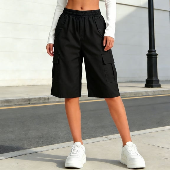 Trikvn Teen Girls Cargo Shorts Knee Length Lightweight Casual Summer Bermuda Shorts with Pockets Elastic Waist Relaxed Fit Hiking Outdoor Streetwear