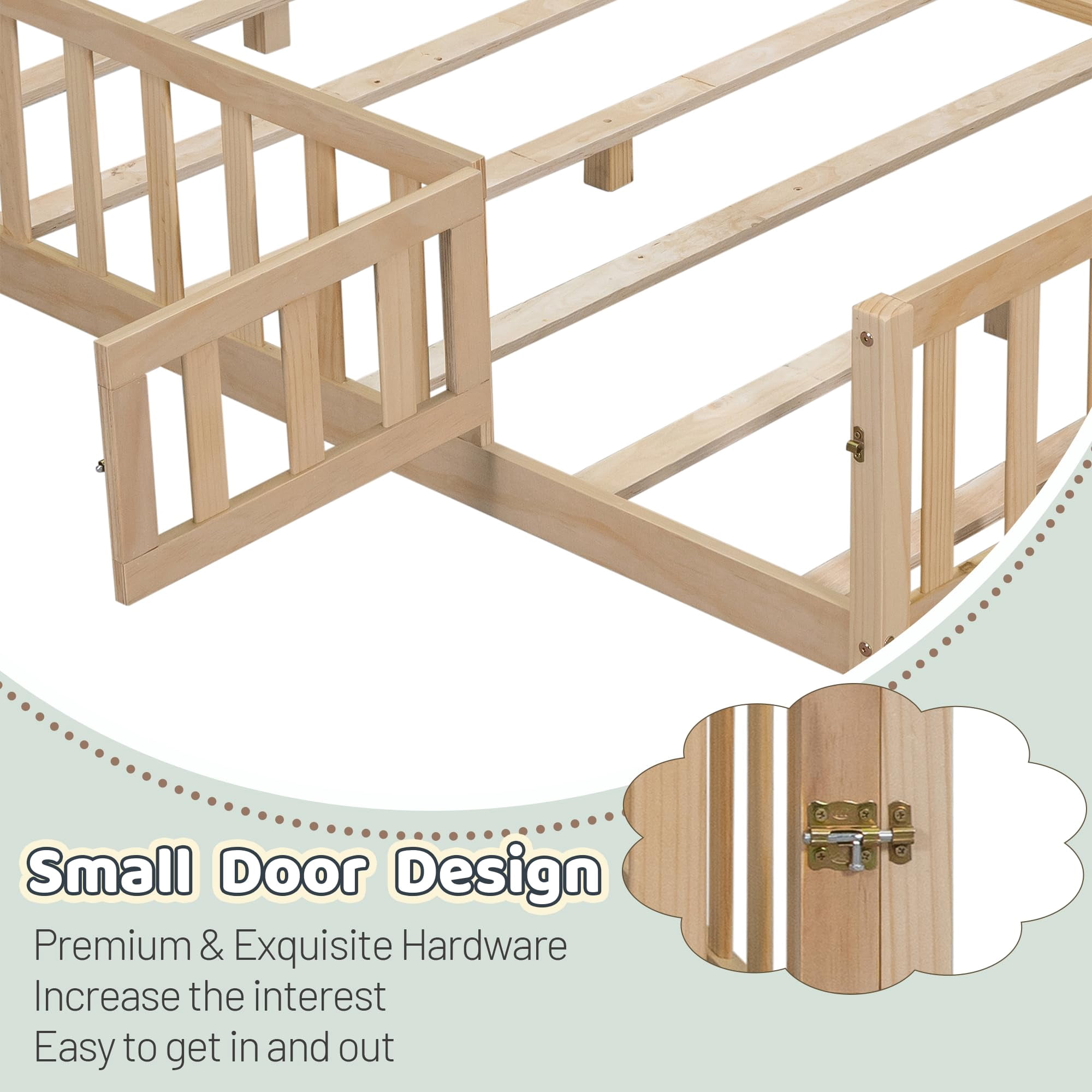 Mirightone Full Floor Bed with Rails and Door, Montessori Floor Bed with Support Slats,No Box Spring Needed, Natural