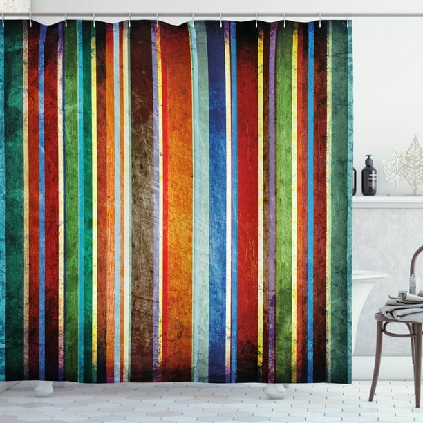 Stripes Shower Curtain, Vertical Lined Colorful Retro Bands with Damage