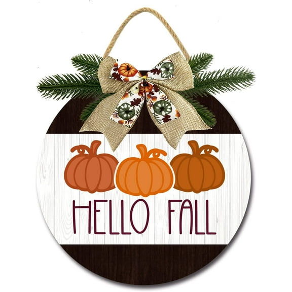 Eveokoki 12" Hello Fall Pumpkin Signs for Front Door Farmhouse Porch， Rustic Round Wooden Hanging Wreaths for Housewarming Gift Festival Decoration Outdoor Indoor Wall Decor
