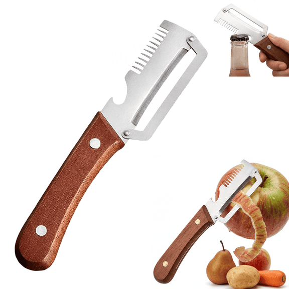 3-in-1 Multi Functional Vegetable Peeler, Wooden Handle Stainless Steel Fruit Peeler with Julienne Slicer & Bottle Opener