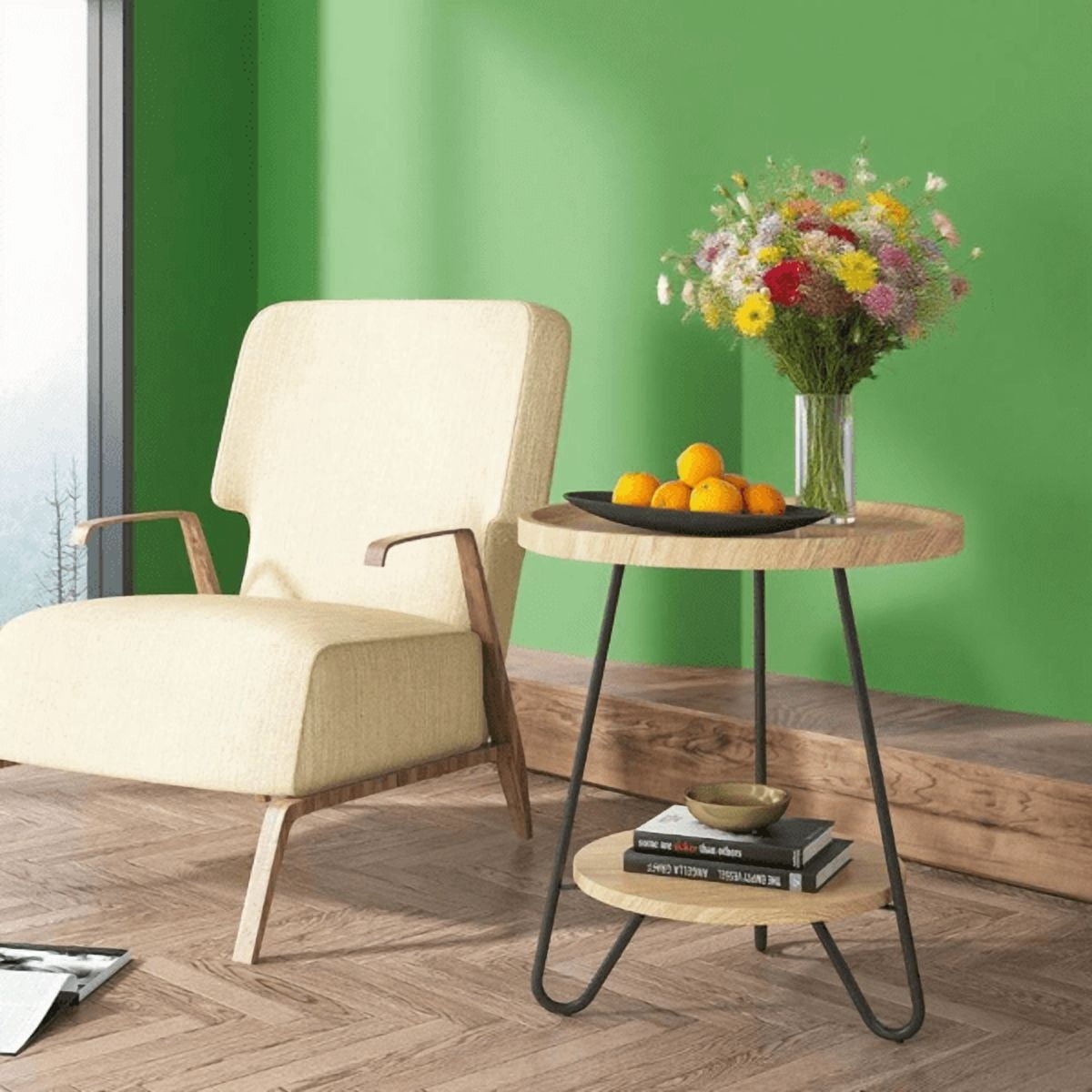 Round End Table with Lower Shelf, 20 inch Industrial Side Table for Living Room, Bedroom - Light & Dark Color Options, 70lbs Capacity