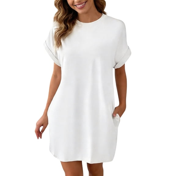 Afdoent Dresses For Women Casual Short Sleeve Dress With Pockets Crew Neck Loose Fit Solid Color Summer Arrival Comfortable Daily Wear Beach Vacation Clothes