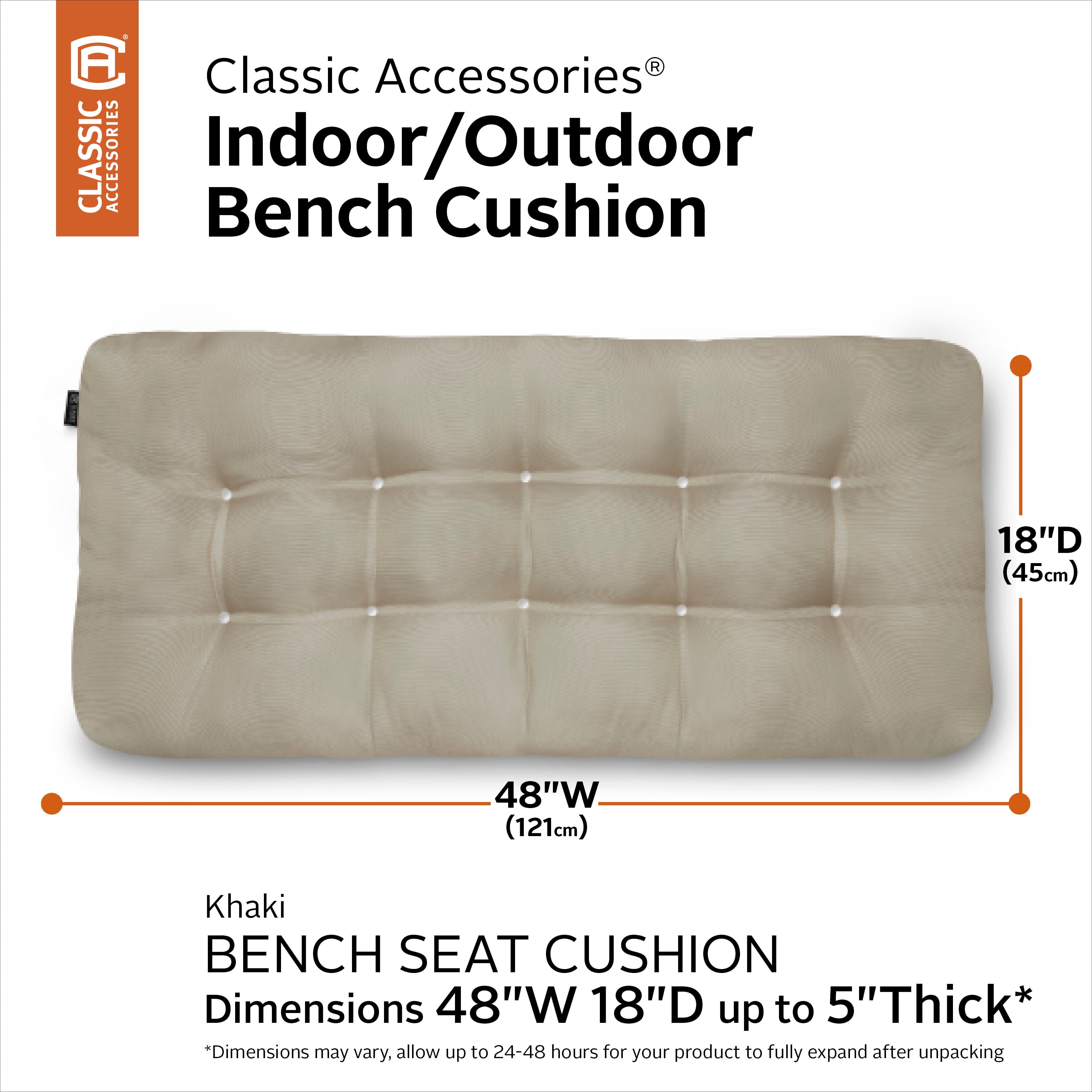 Classic Accessories Water-Resistant Indoor/Outdoor Bench Cushion Khaki 48"W x 18"D x 5"T