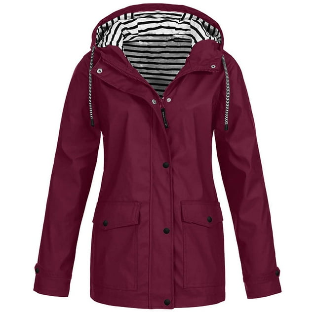 Aqestyerly Women Hooded Raincoat Solid Color Outdoor Plus Size Windproof Lightweight Jacket For Rainy Days HWRETIE
