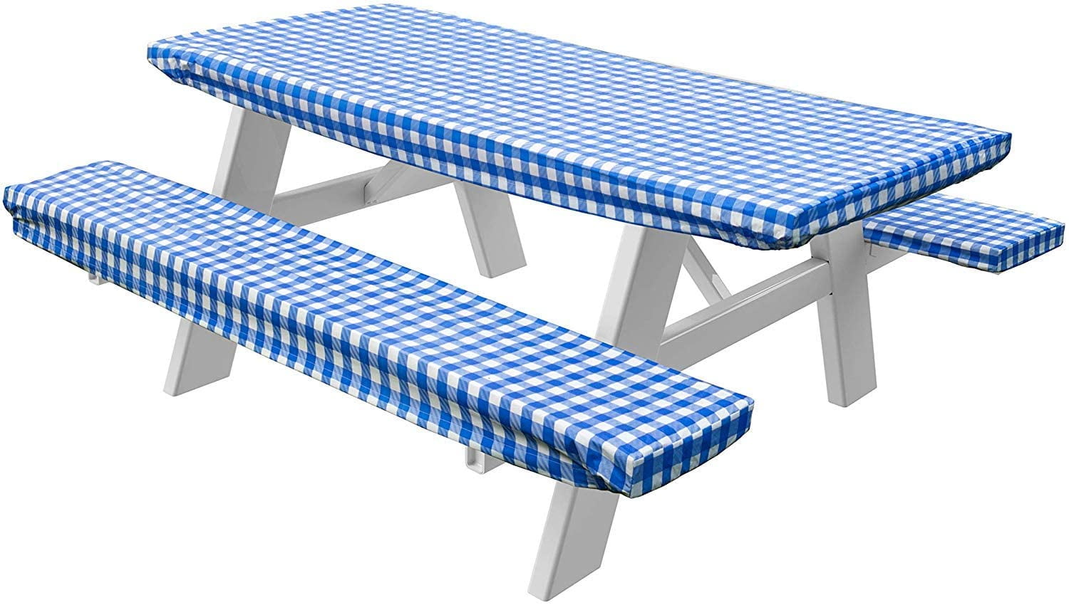 Blue and White Mooncane 3 Pieces 72 Inches Plastic Picnic Table and Bench Fitted Tablecloth Cover Garden Bench Tablecloth Long Chair Covers Set for Picnics Indoor and Outdoor Dining 