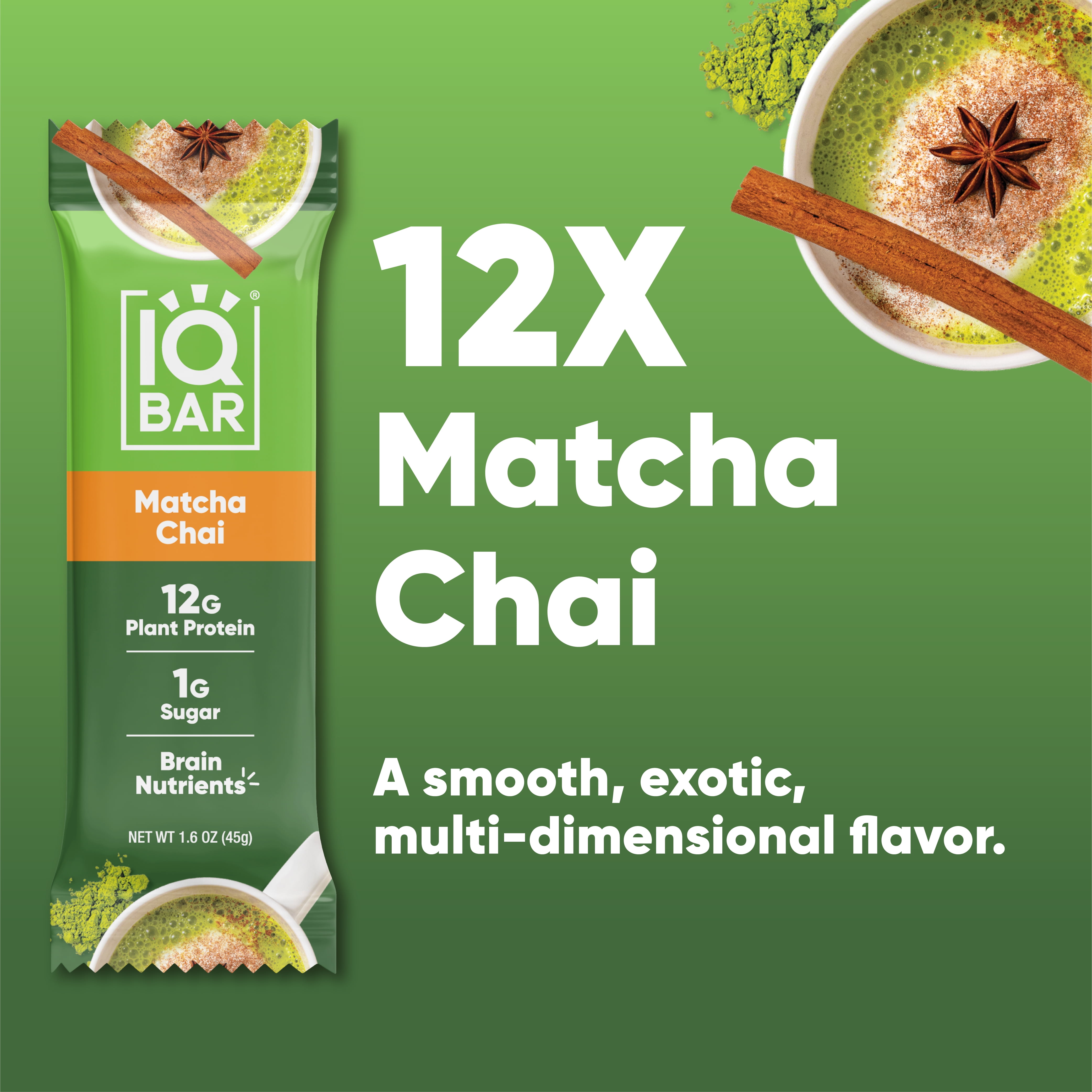 IQBAR Clean Plant Protein Bars - Matcha Chai - 12 Count - Keto, Vegan, High Fiber, Gluten and Dairy Free, Low Sugar Snack