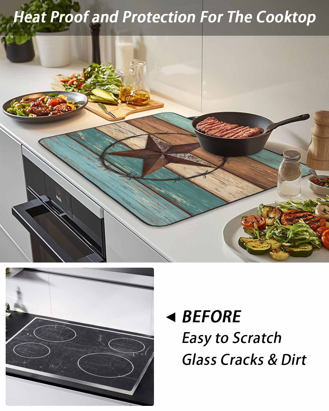 Stove Top Covers for Electric Stove 36x21 Inches, Teal Brown Blue Heat Insulation Fireproof Glass Cooktop Protector, Vintage Country Barn Star Wooden Grain Countertop Stovetop Cover for Kitchen