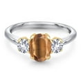 thumbnail image 3 of Gem Stone King 925 Silver and 10K Yellow Gold Brown Tiger Eye and White Created Sapphire Engagement Ring for Women | 1.75 Cttw | Oval 8X6MM | Gemstone Birthstone | Size 7, 3 of 6
