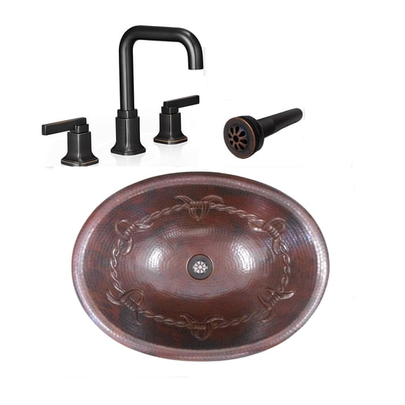 SimplyCopper 19" Oval Copper Bath Sink with Barbed Wire Design, Faucet & Drain Included