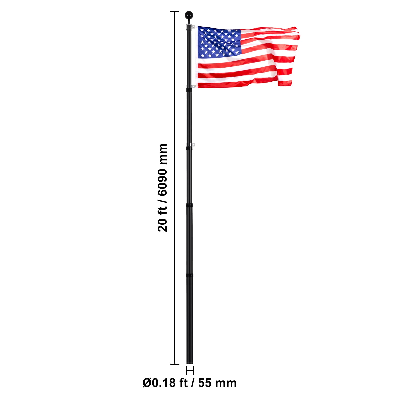 VEVOR 20FT Telescoping Flag pole Kit, Heavy Duty Aluminum Alloy in Ground Flag Poles for Outside, 3 Display Modes Flagpole with 3x5 American Flag, Professional Accessories, Black