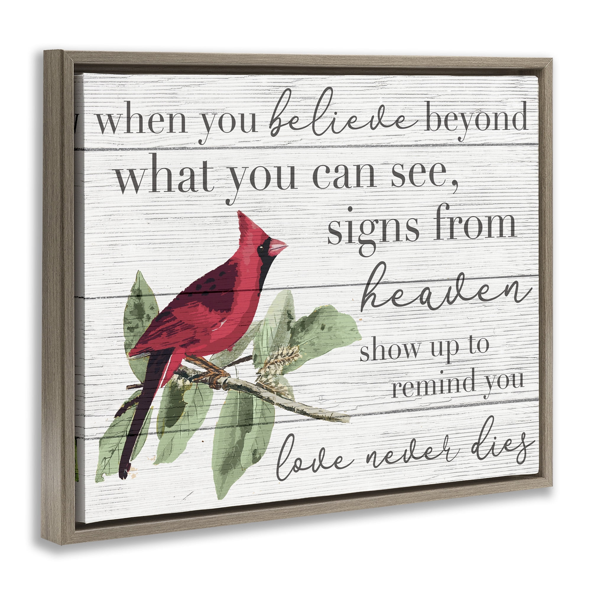 Stupell Industries Love Never Dies Inspirational Cardinal Animals & Insects Painting Brown Floater Framed Canvas Art Print Wall Art, 31 x 25