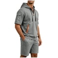 thumbnail image 5 of Men's Tracksuit 2 Piece Quarter Zipper Hooded Sweatshirt Multi Zipper Pocket Athletic Sweatsuit Short Sleeve Casual Sports Hoodie Shorts Set Sweatsuit Size 3XL Gray, 5 of 5