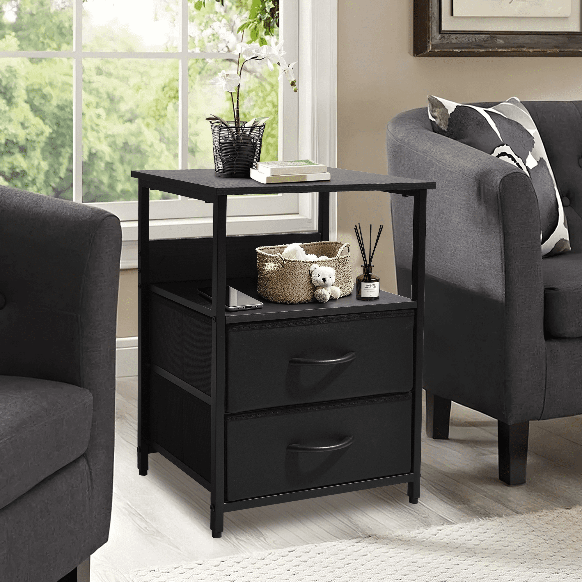 OUTMASTER Black Nightstand with 2 Drawers,Sturdy Bedside Table for Bedroom,Classic Bedroom Side Table