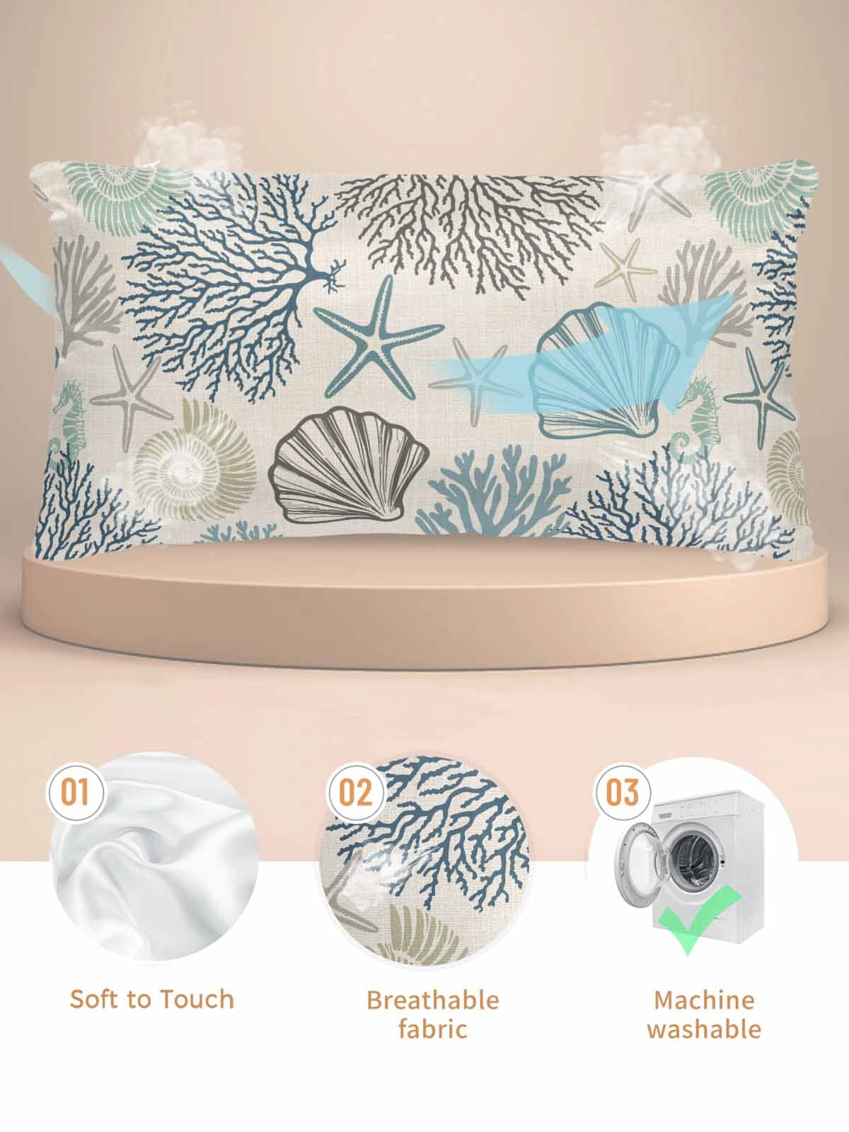 Ocean Coastal Pillow Cases Cal King Size, Smooth Satin Pillowcase for Hair and Skin, Retro Coral Starfish Shell Seahorse Decorative Cooling Bed Pillow Covers with Zipper, 20x40 Inches