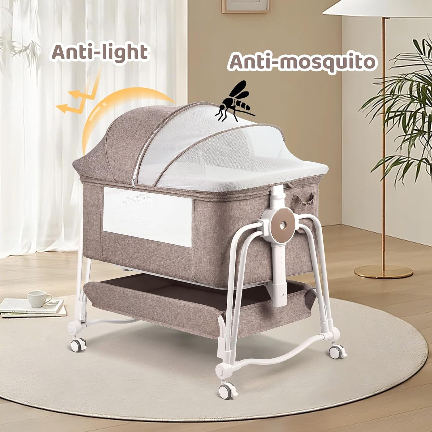 PRVAETU 4-in-1 Baby Bassinet & Bedside Sleeper for Babies, 7-Level Height Adjustable, Wheels with Storage Basket, Breathable Mesh,Khaki