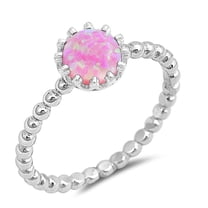CHOOSE YOUR COLOR Pink Simulated Opal Beaded Boho Bezel Midi Ring .925 Sterling Silver Band CZ Female Size 5
