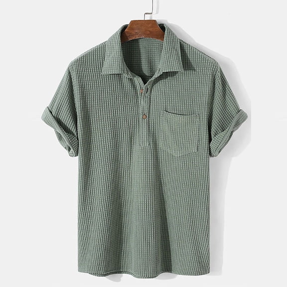 Alkepwun Mens Waffle Knit Short Sleeve Button-Down Shirts Summer Casual Tops Solid Color Hawaiian Shirts with Pocket on Clearance