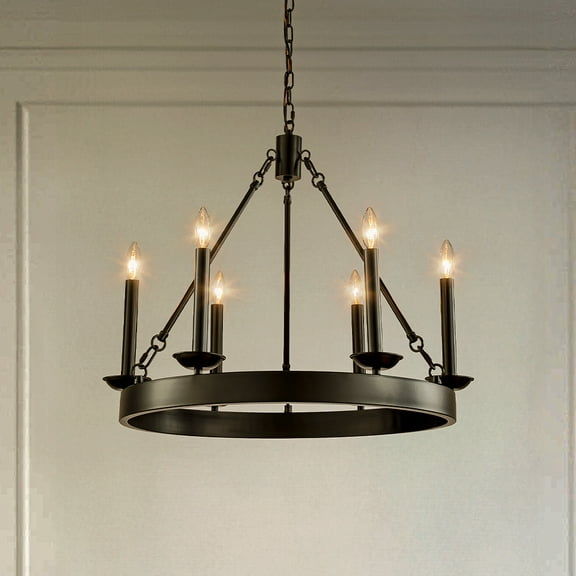 26'' 6-Light Modern Farmhouse Black Candelabra Chandelier Round Rustic Industrial Candle Pendant Lighting For Living Room and Dining Room