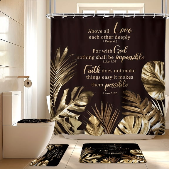 Black and Gold Shower Curtain Set, Modern Tropical Bible Verse Quotes Palm Leaves Waterproof Shower Curtain with 12 Hooks, Bathroom Non-slip Mat, Toilet U-shaped Mat, Cover Mat, Home Decor Gift
