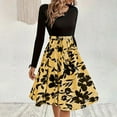 thumbnail image 4 of IROINNID Long Sleeve Dress for Women Mid-Length A-Line Dress Round-Neck Print Patchwork Knee-Length Dress,Yellow, 4 of 7