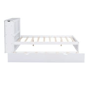 Euroco Full Size Wood Platform Bed with Trundle, Flexible 4-Tier Shelf in Headboard for Kids, White